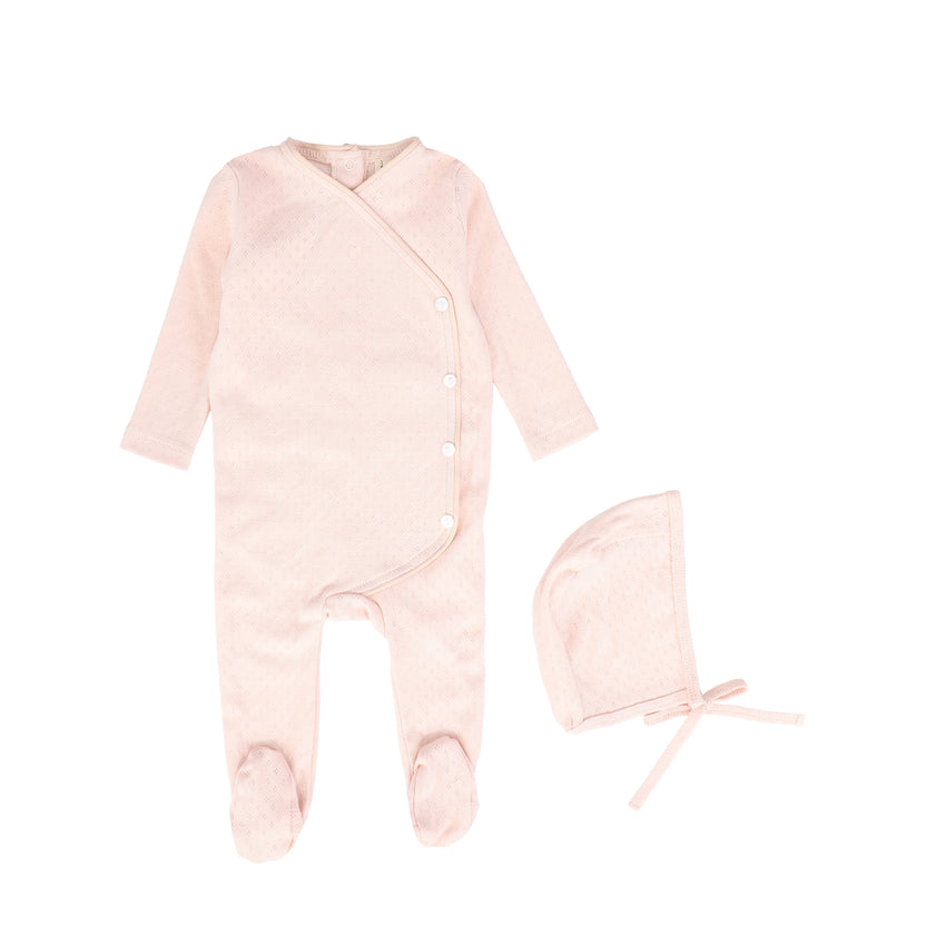 Pointelle Piped Wrap Footie with Bonnet