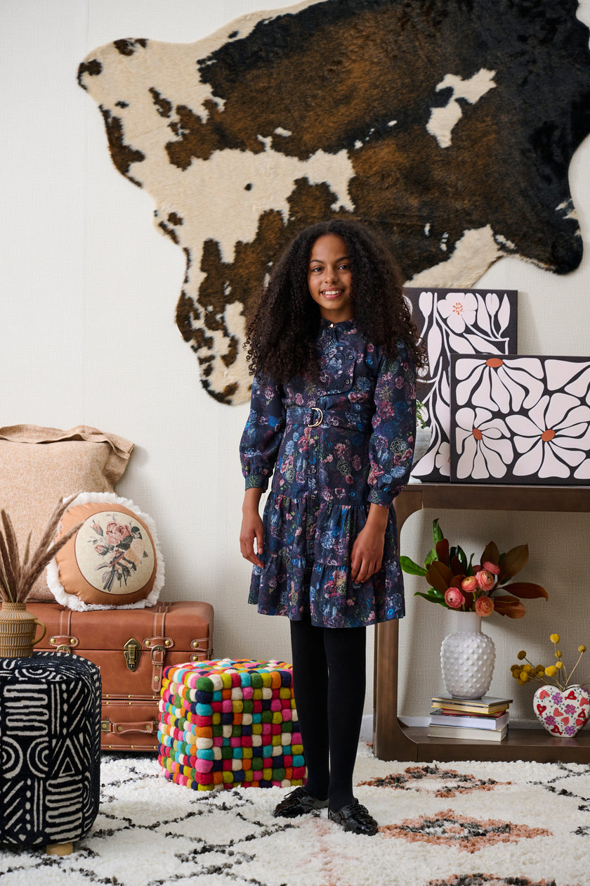 Slate Floral Print Belted Dress