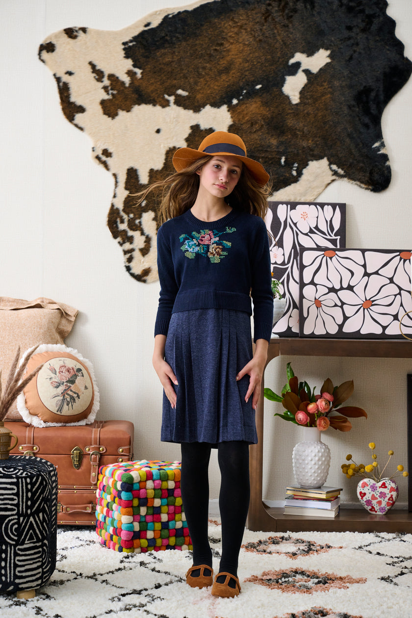 Navy Knit Floral Dress