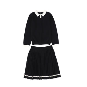 Knit Trim Sweater and Pleated Skirt