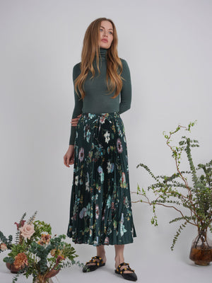 Accordian Pleated Printed Midi Skirt