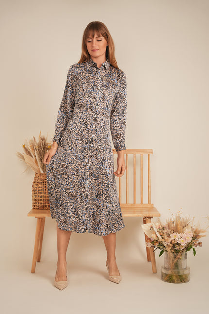 Printed Satin Midi Shirt Dress