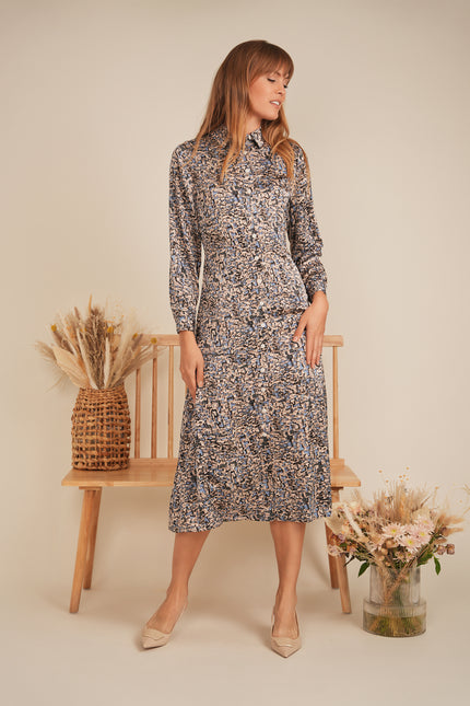 Printed Satin Midi Shirt Dress