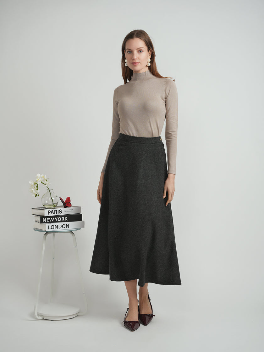 Wool Button Side Midi Skirt