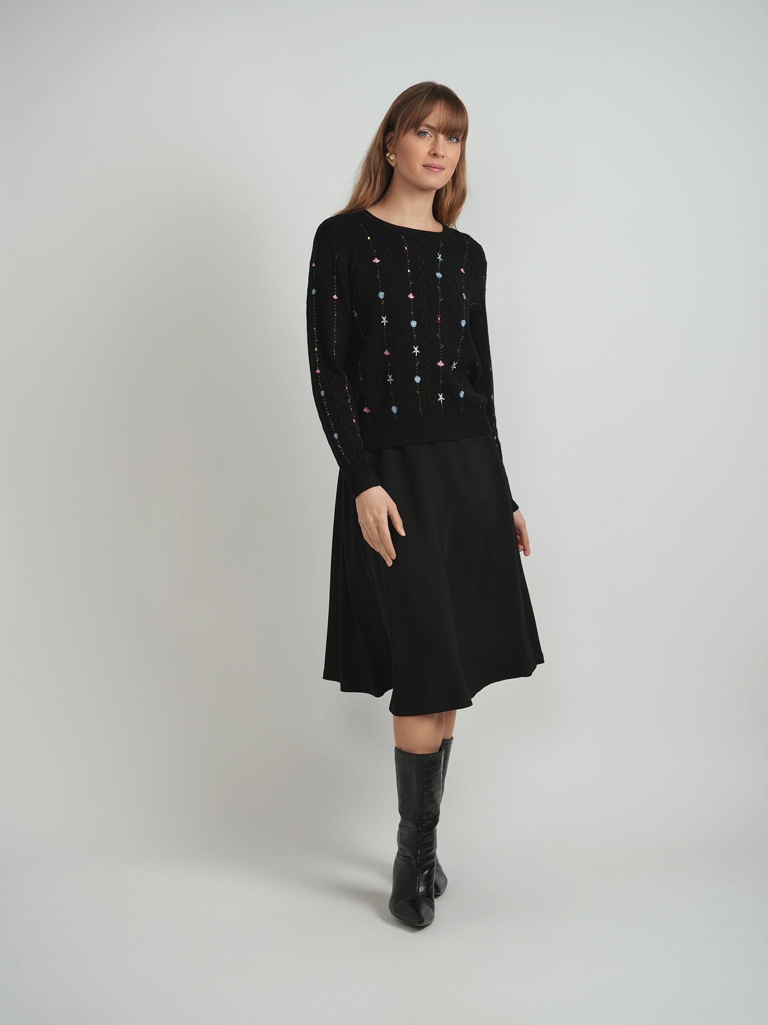 Ladies Embroidered Cable Sweater