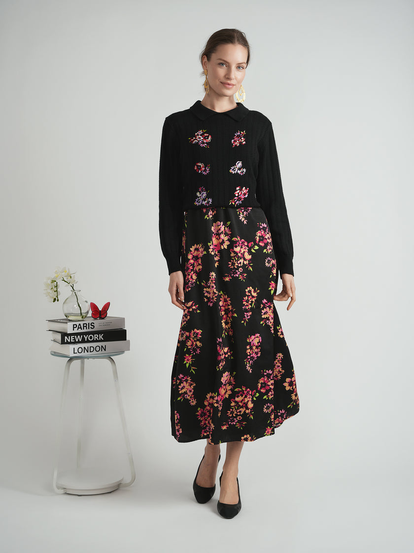 Ladies Embroidered Textured Knit Sweater