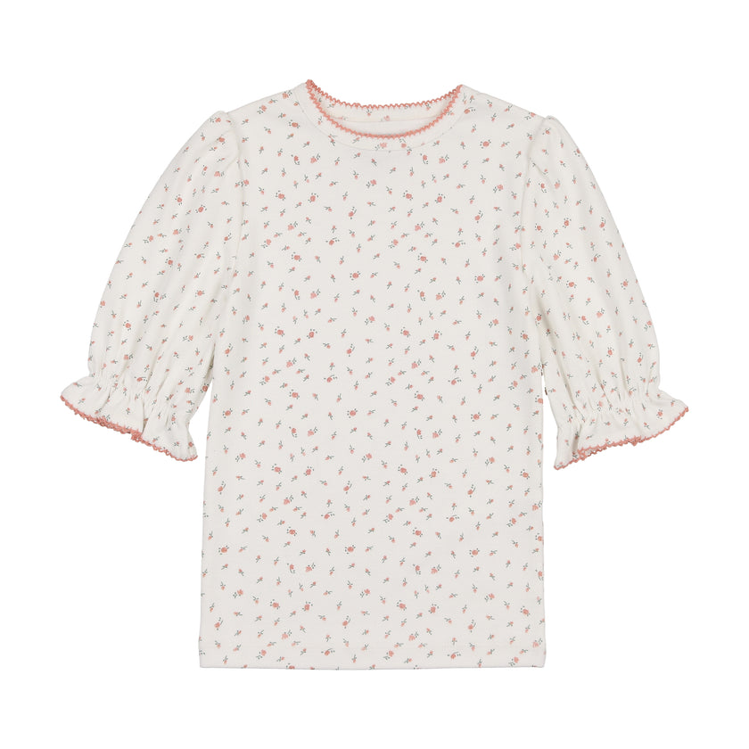 Floral puffed sleeve ribbed t shirt