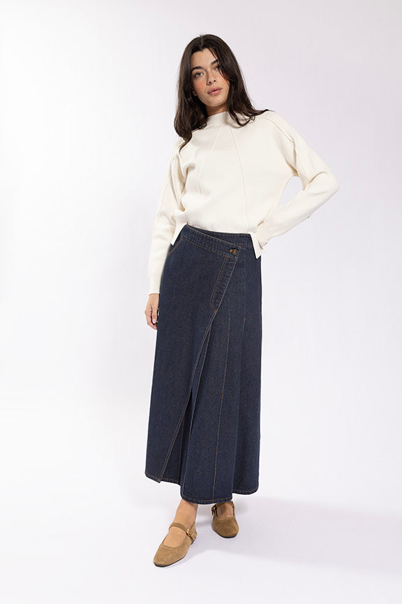 Denim mock wrap skirt