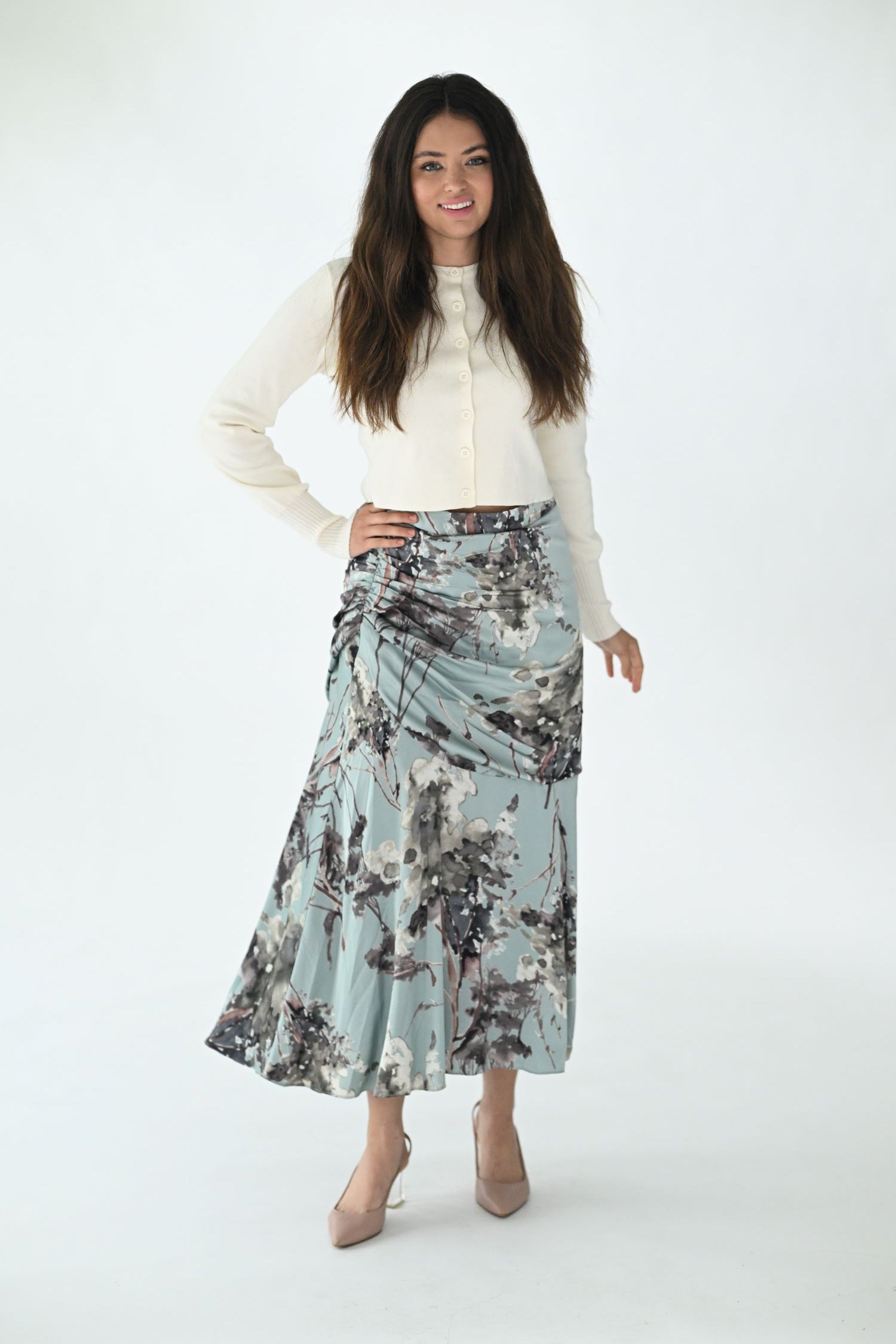Gathered Silky Floral Skirt