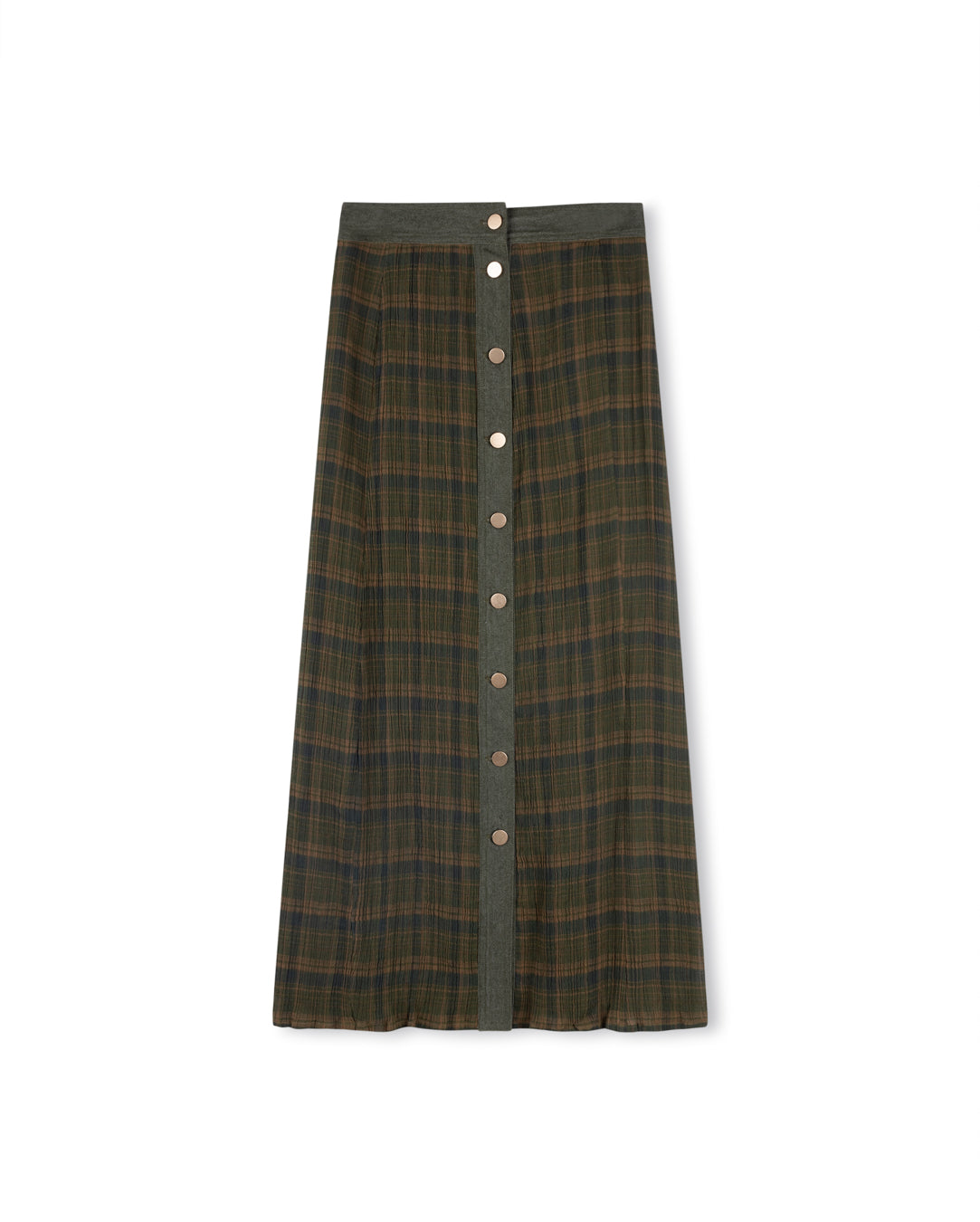 plaid green button down denim placket skirt