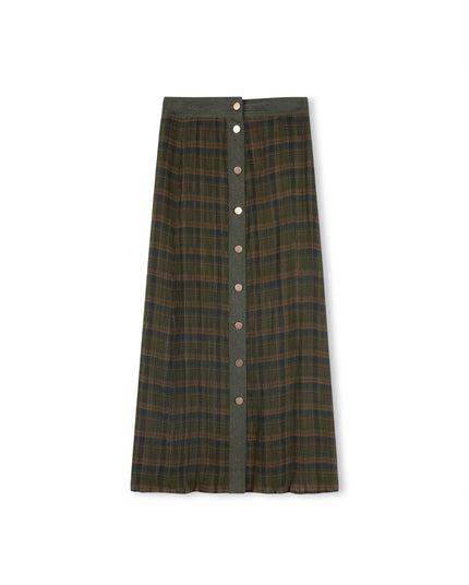 plaid green button down denim placket skirt