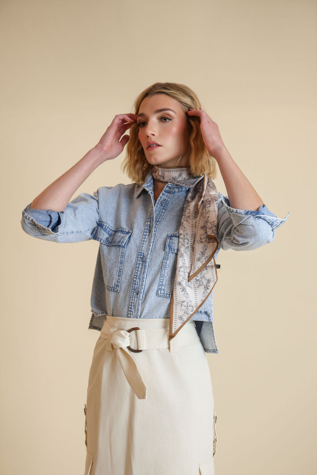 Beige Large Pockets Denim Shirt