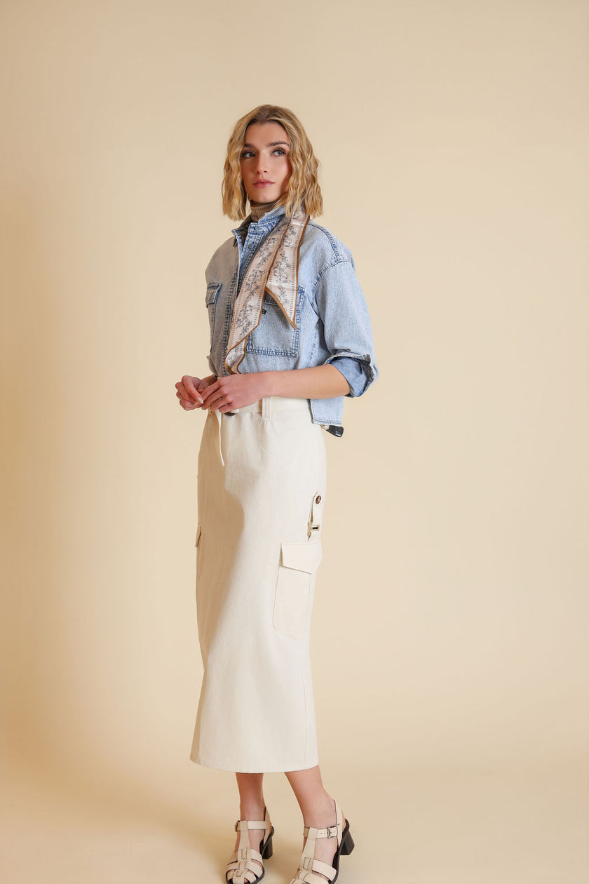 Beige Large Pockets Denim Shirt