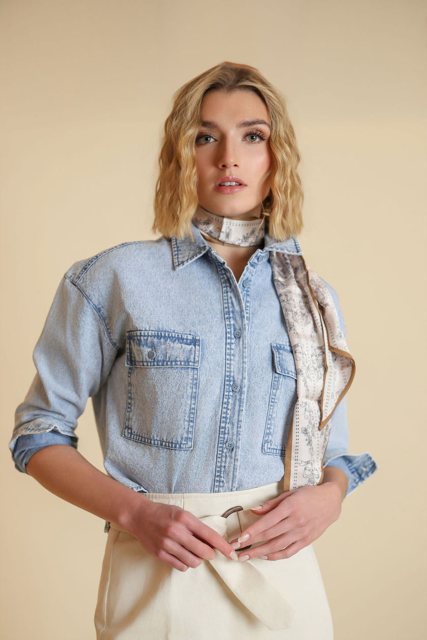 Beige Large Pockets Denim Shirt