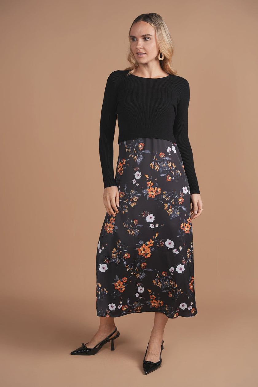 Black Floral Combo Slip Dress