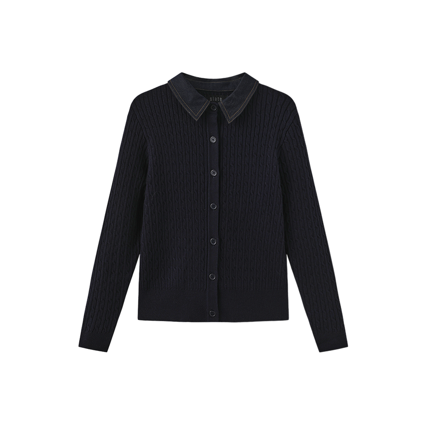 Cable Knit Contrast Fabric Cardigan