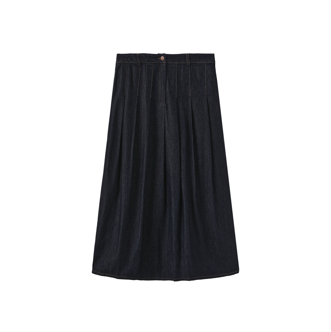Wide Pleat Fly Denim Skirt