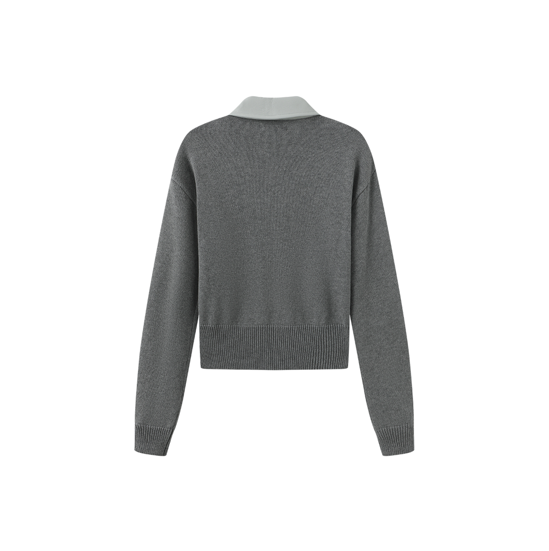 Leather Collar Knit Zip Sweater