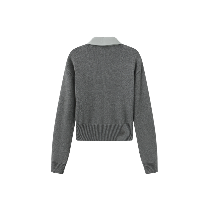 Leather Collar Knit Zip Sweater
