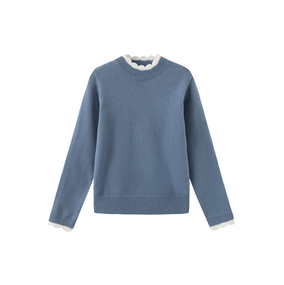 Round Tonal Knit Ruffle Sweater