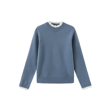 Round Tonal Knit Ruffle Sweater