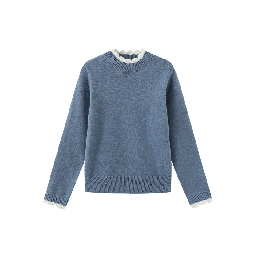 Round Tonal Knit Ruffle Sweater