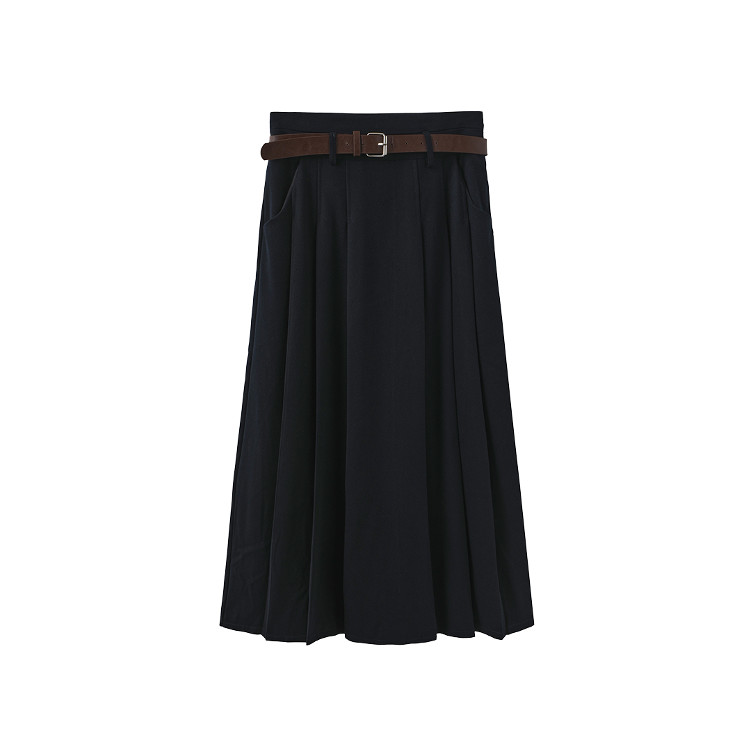 Wool Pleated Belted Skirt