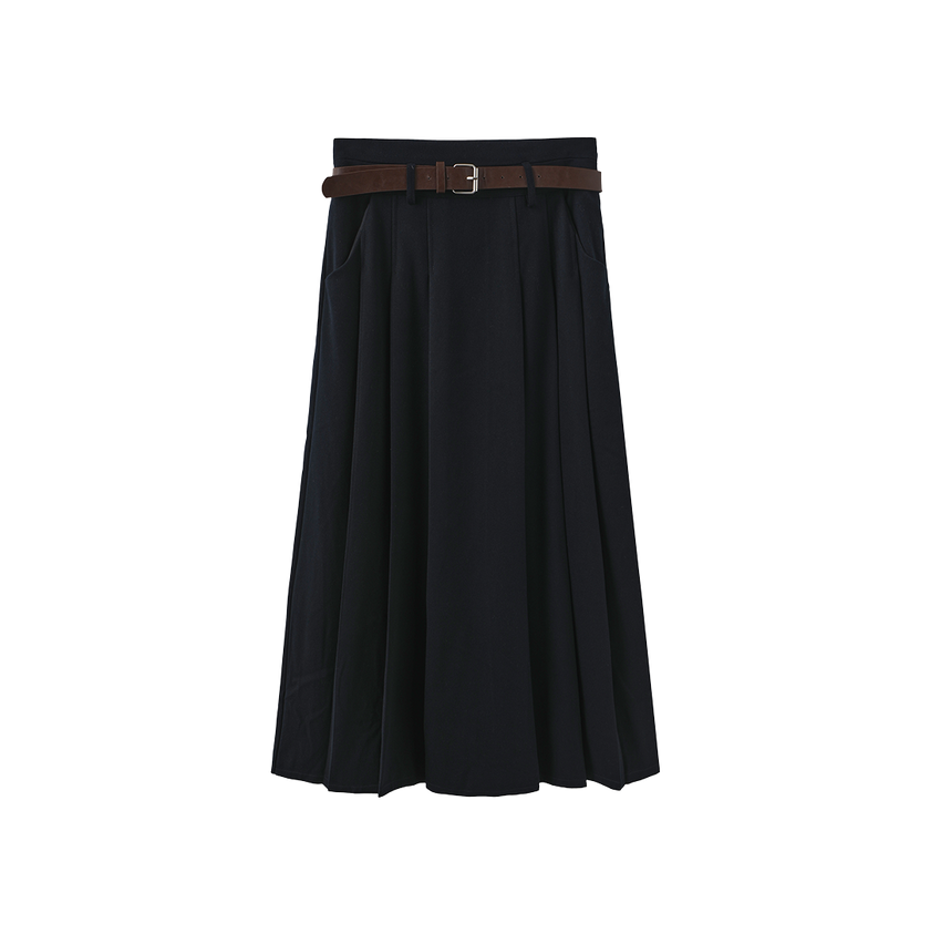 Wool Pleated Belted Skirt