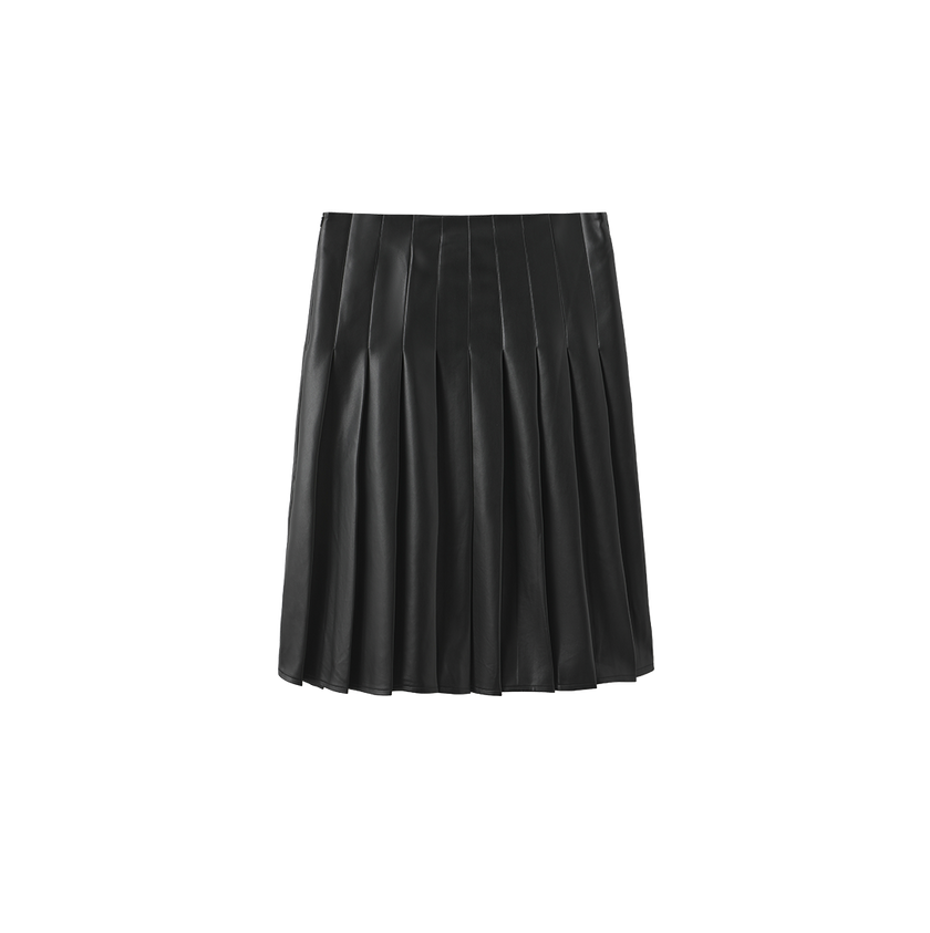 Side Pleat Buckle Leather Skirt