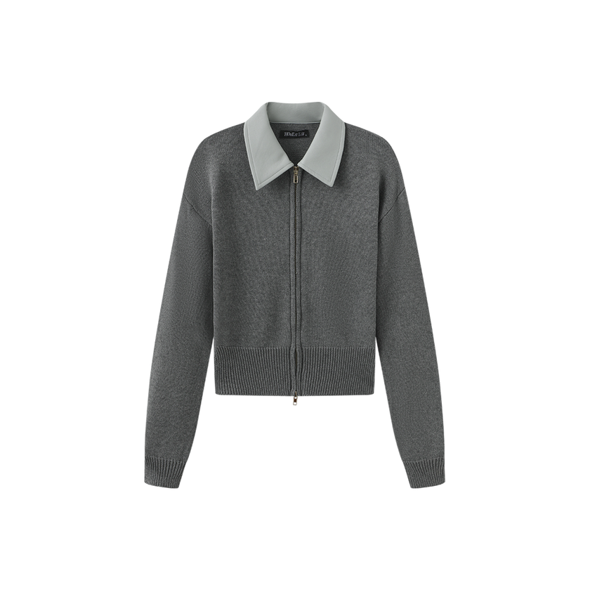 Leather Collar Knit Zip Sweater