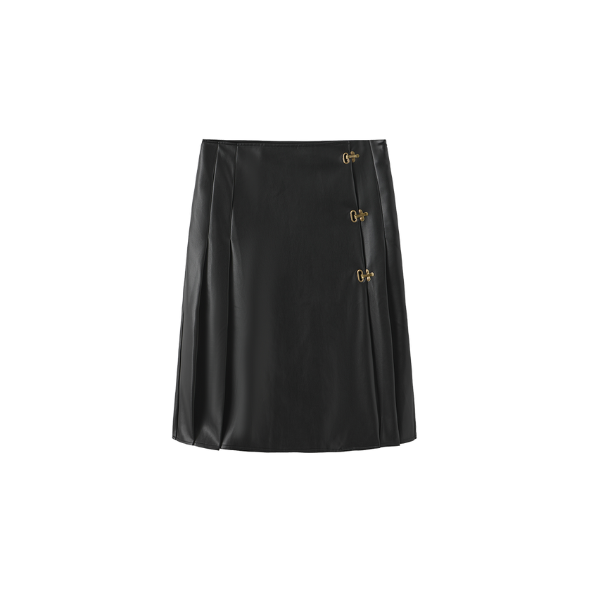 Side Pleat Buckle Leather Skirt
