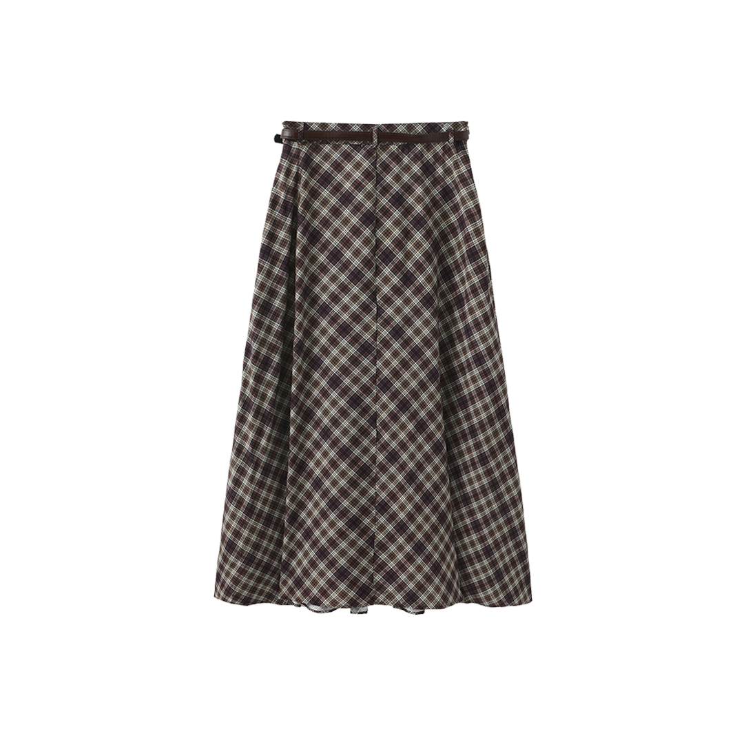Kick Pleat Plaid Belted Skirt