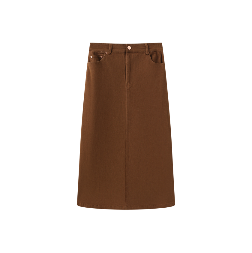 Denim A-line Flyfront Midi Skirt