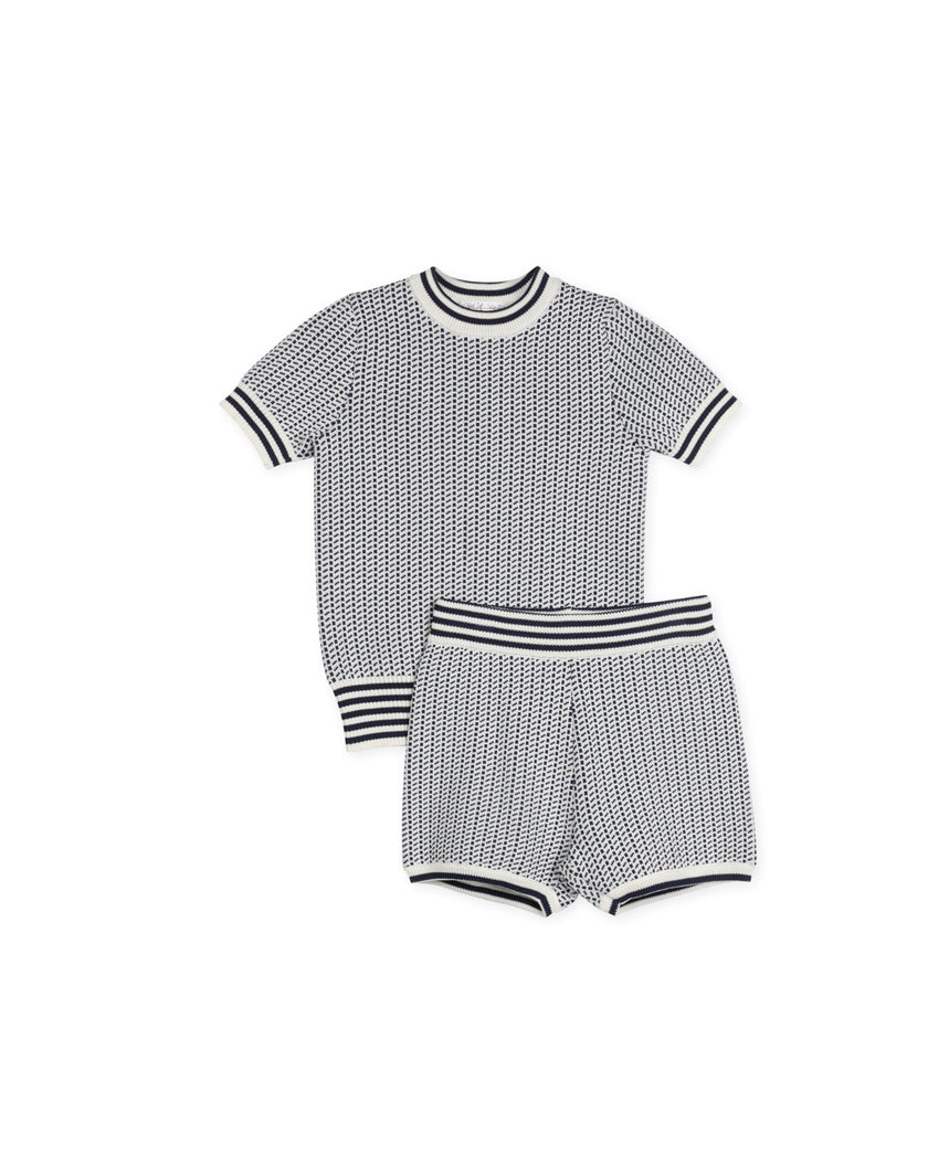Knit Striped Trimming Sweater And Shorts