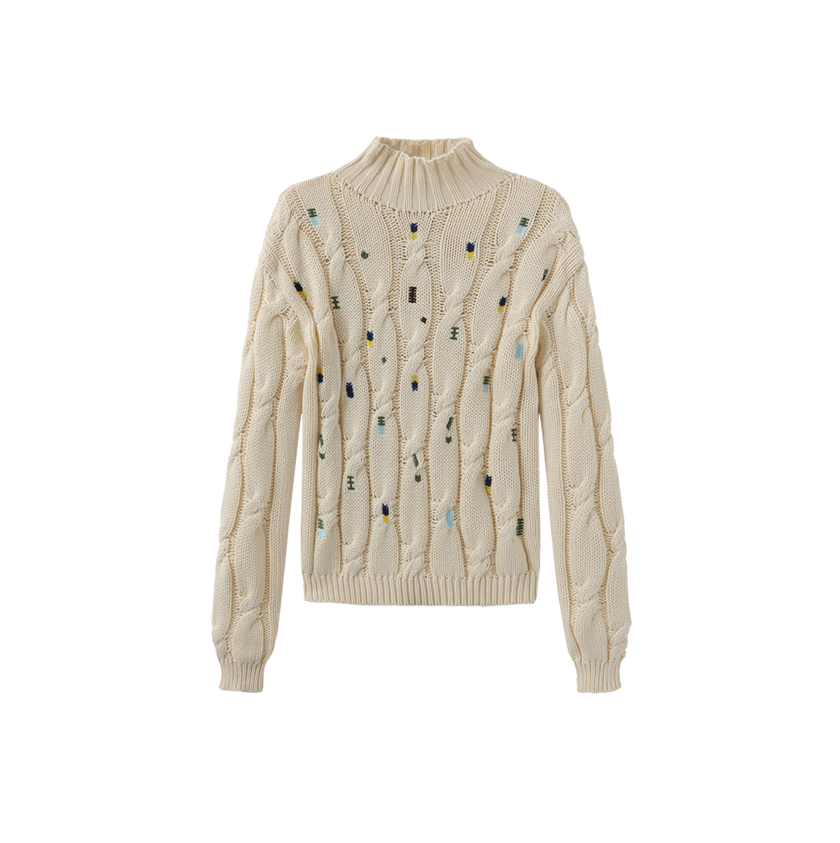Chunky Knit Embroidered Turtleneck