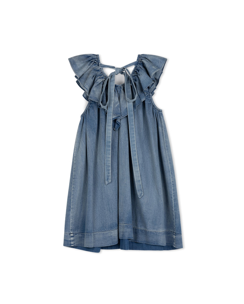 Denim V-Neck Ruffle Collar Jumper