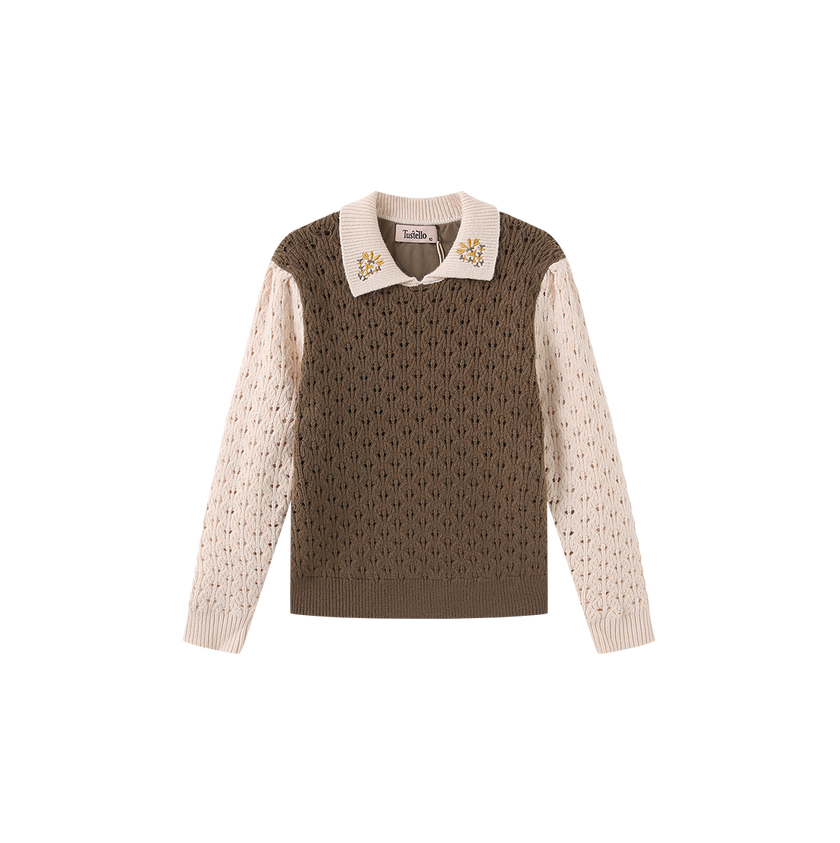 Pez Pointelle Contrast Knit Collared Sweater