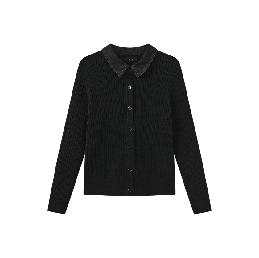 Cable Knit Contrast Fabric Cardigan