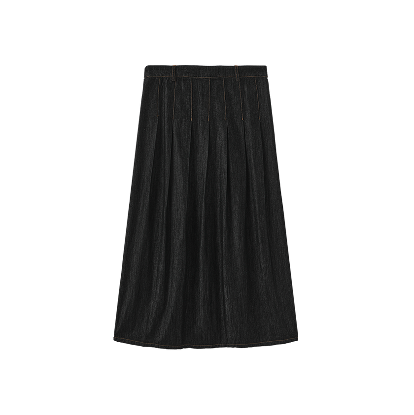 Wide Pleat Fly Denim Skirt