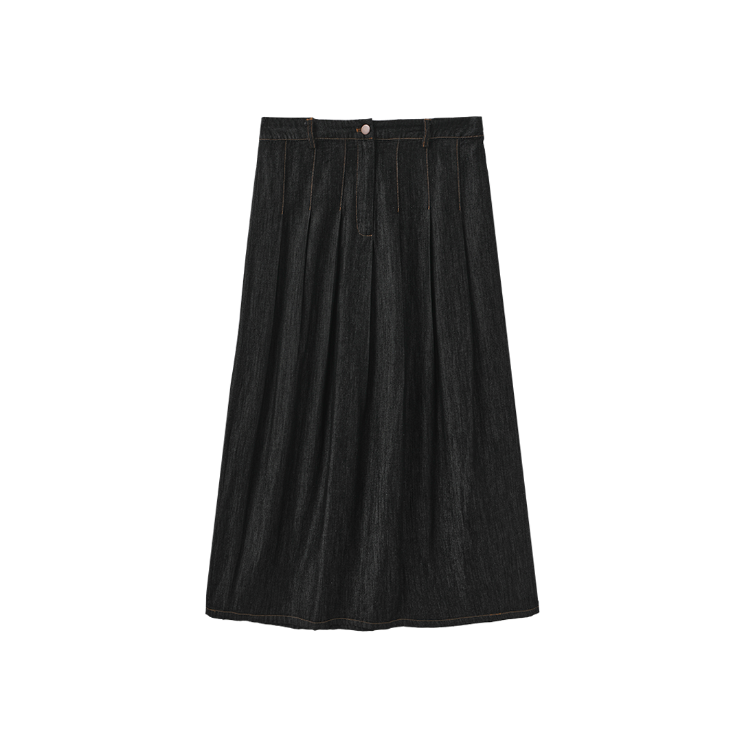 Wide Pleat Fly Denim Skirt