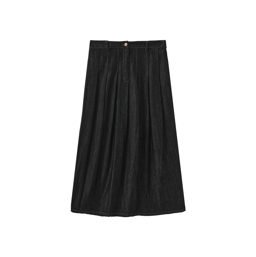 Wide Pleat Fly Denim Skirt