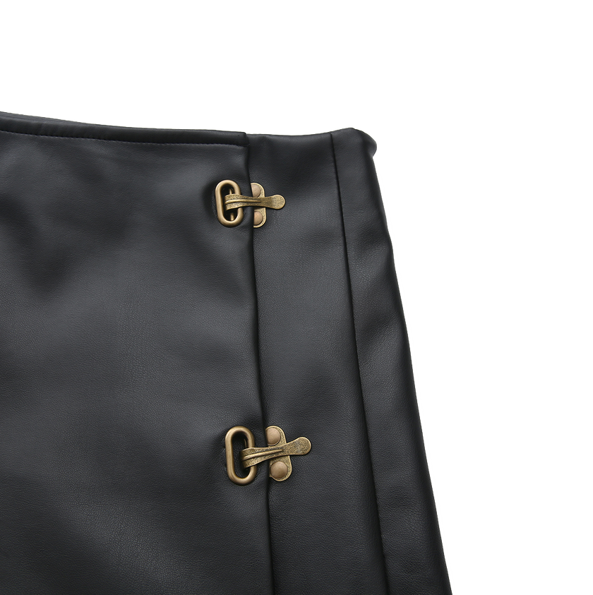 Side Pleat Buckle Leather Skirt