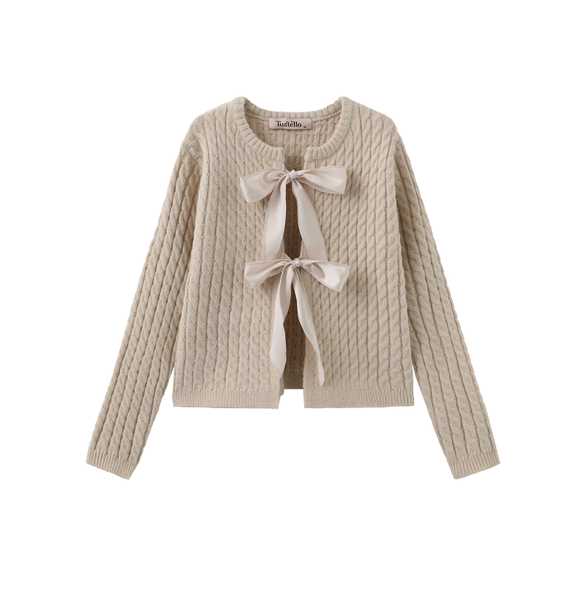 Cable Knit Bow Closure Cardigan