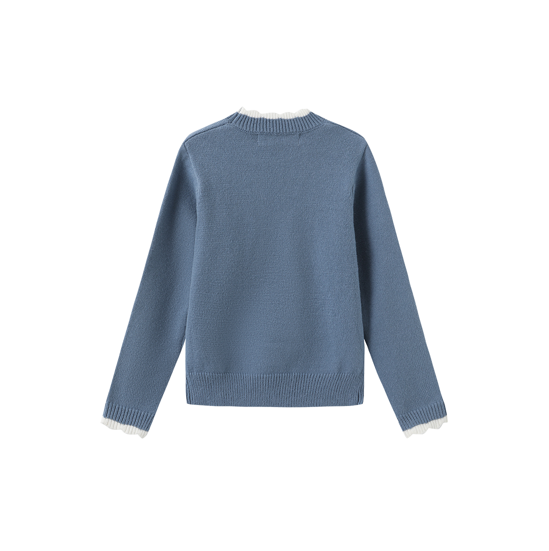 Round Tonal Knit Ruffle Sweater