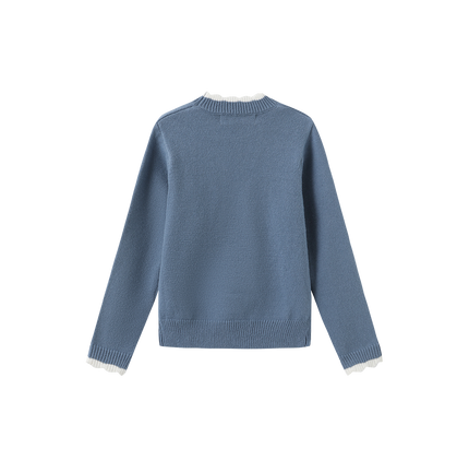 Round Tonal Knit Ruffle Sweater