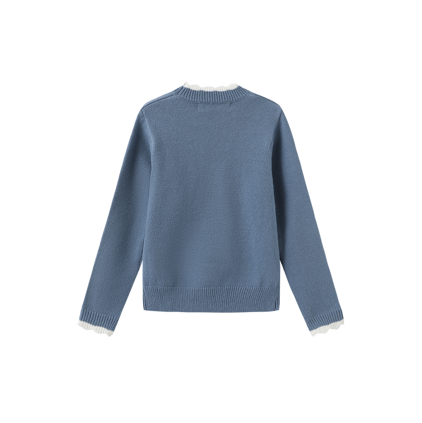 Round Tonal Knit Ruffle Sweater