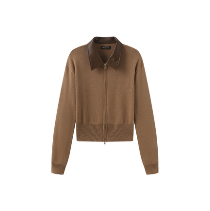Leather Collar Knit Zip Sweater