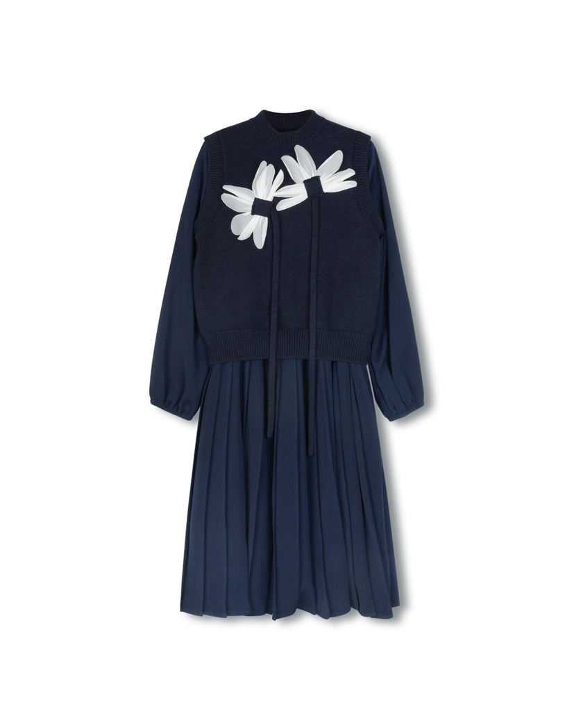 Pleated Dress With Flower Detail Vest