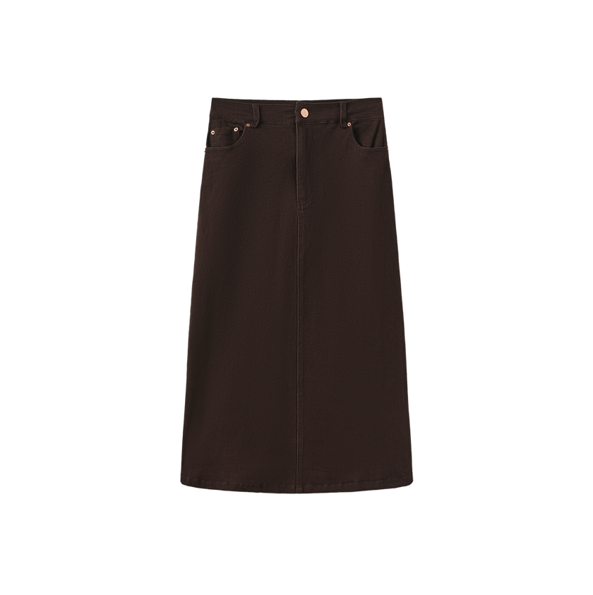 Denim A-line Flyfront Midi Skirt
