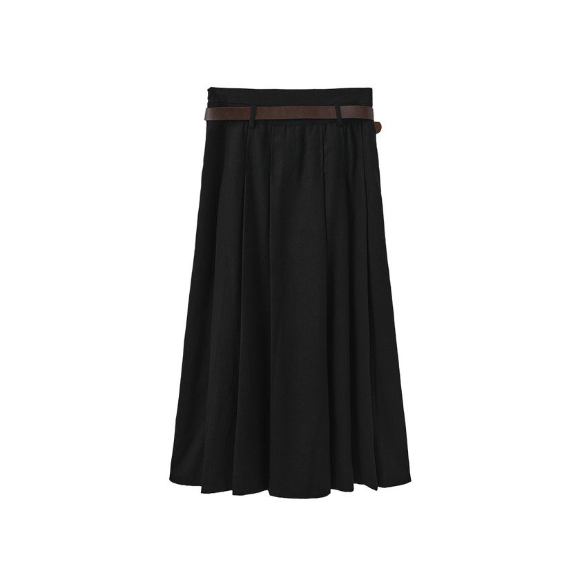 Wool Pleated Belted Skirt